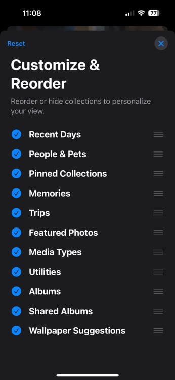 iOS 18 Photos app Customize and Reorder menu