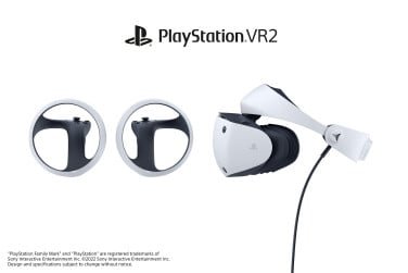 An side-view photo of the PlayStation VR2 headset and its PS VR2 Sense controllers.