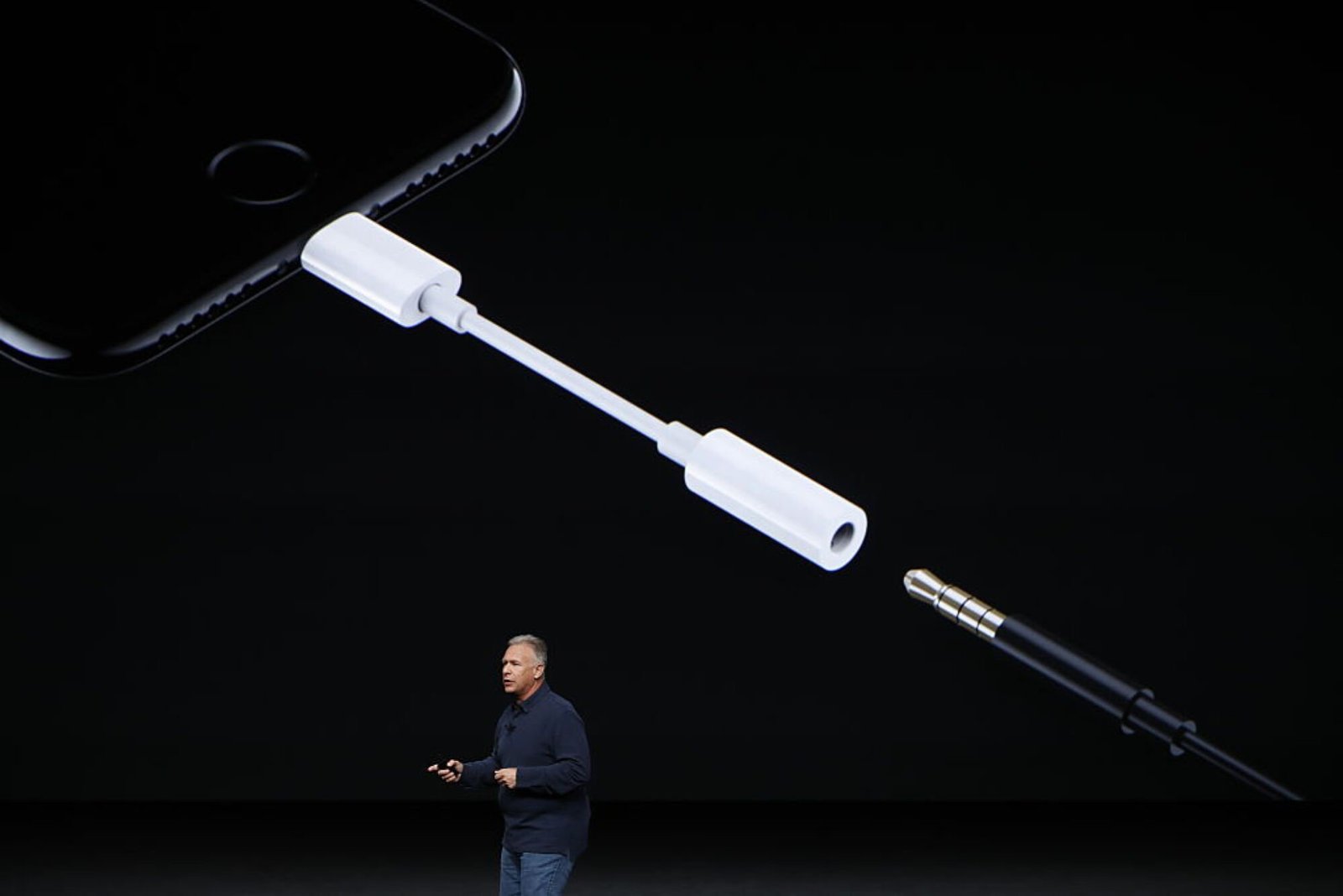 Image of Phil Schiller Senior Vice President of Worldwide Marketing talking about the headphone adapter on the iPhone 7