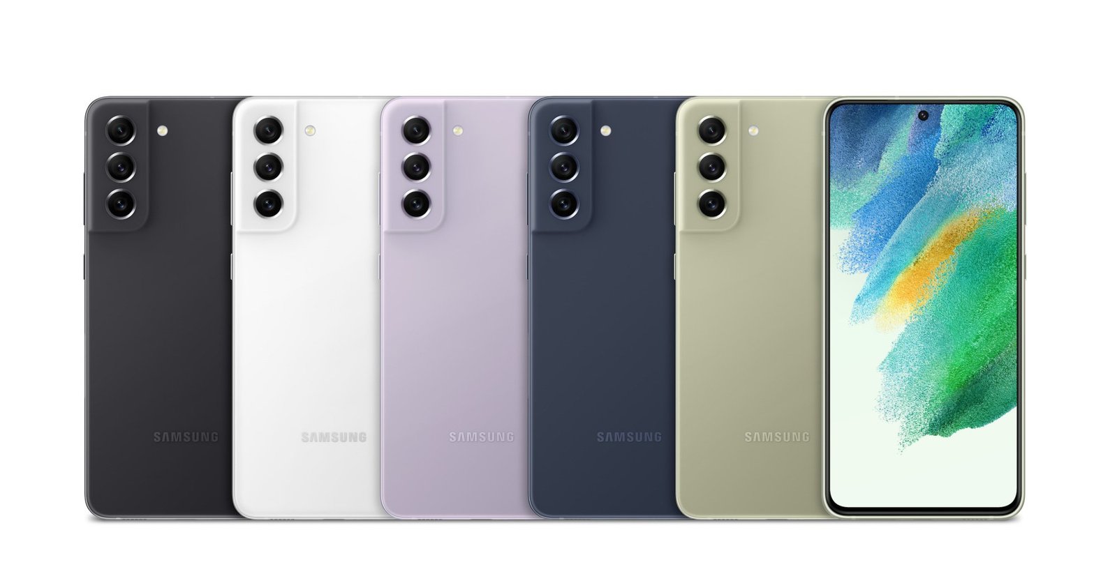 Samsung Galaxy S21 FE phones lined up in different colors