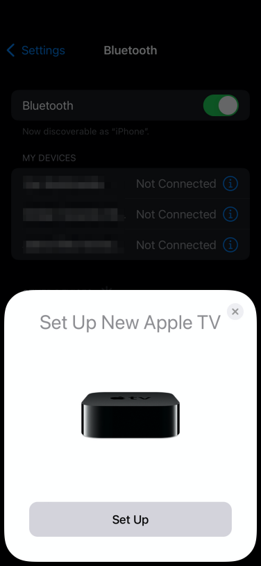 Screenshot of the Apple TV setup button on an iPhone