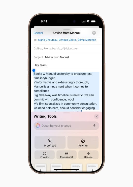 Writing Tools in the Mail app using Apple Intelligence to rewrite an email