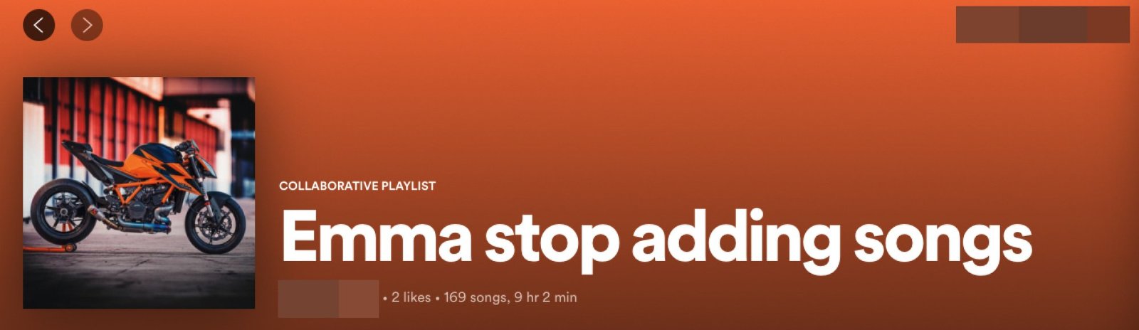 A Spotify playlist titled "Emma stop adding songs"