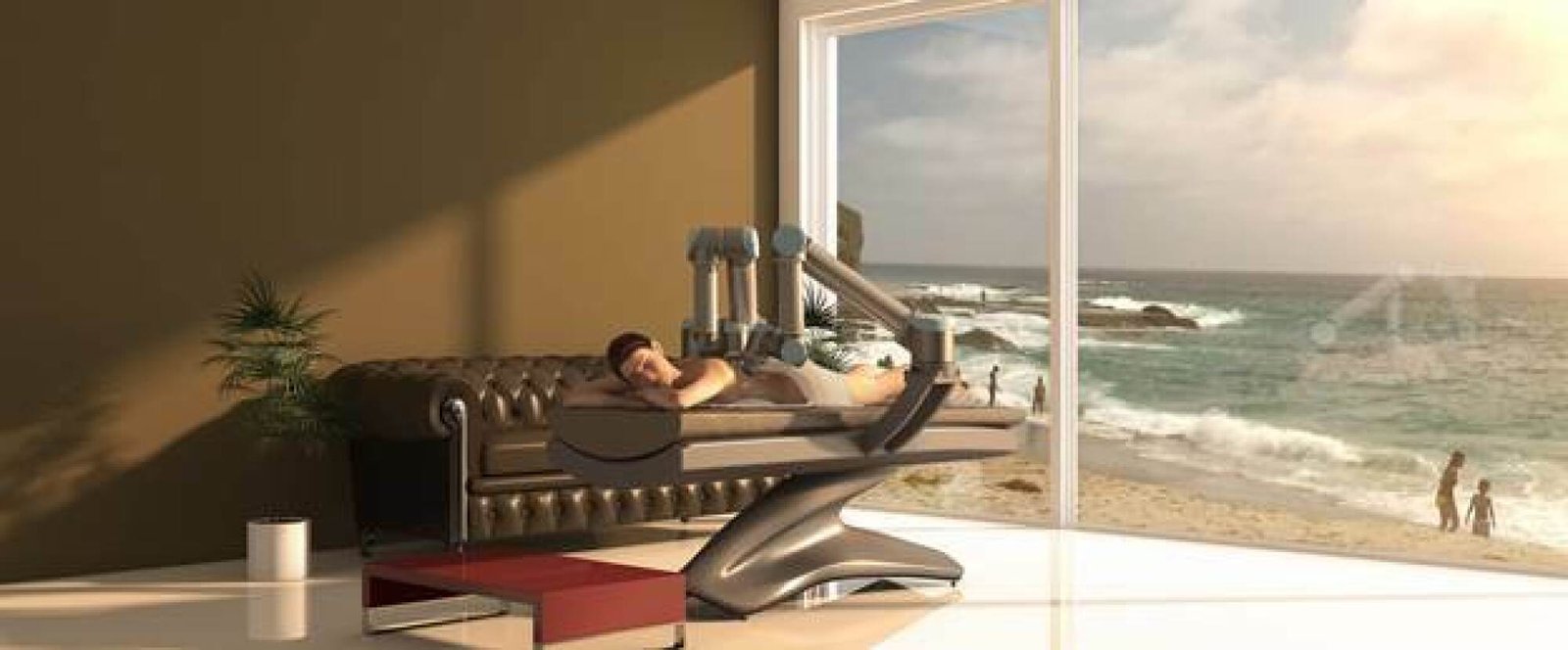 A woman laying on a massage bed while a giant robot works on her back.