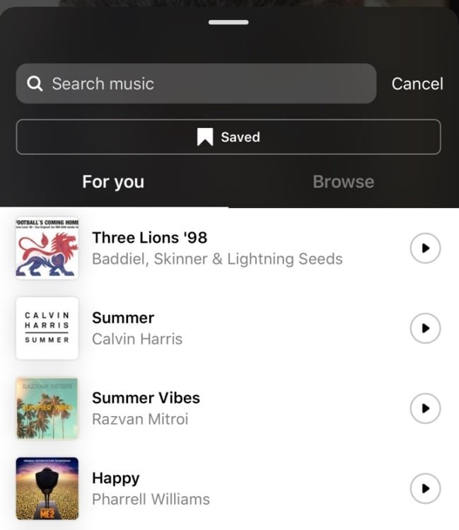 Tap this and Instagram will show you your musical options.