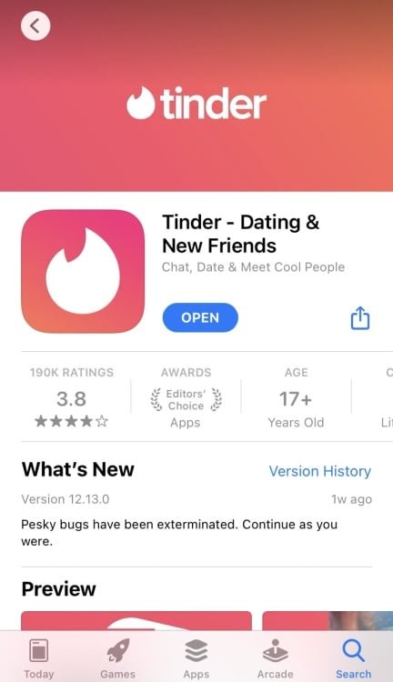 Screenshot of Tinder in App Store